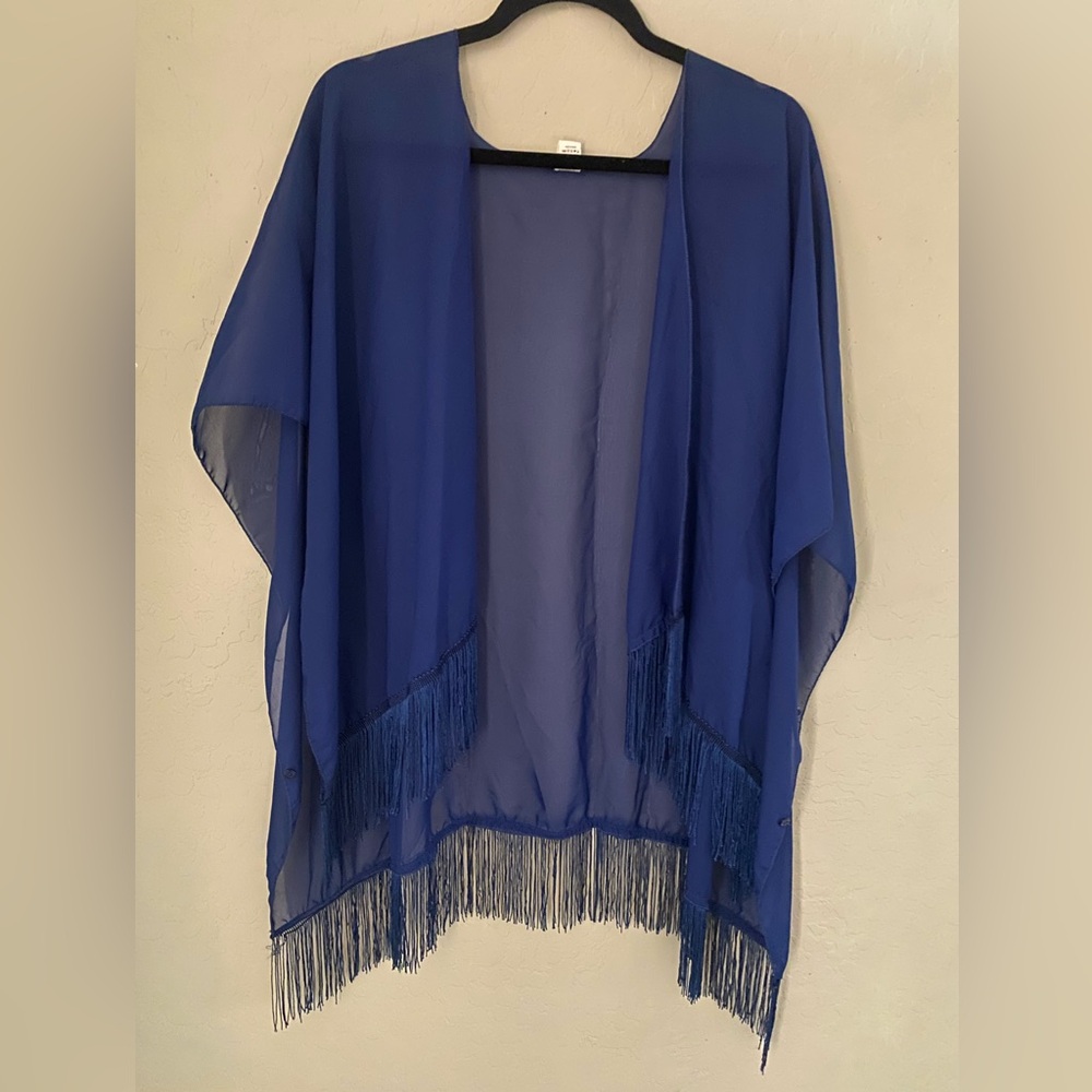 Blue Sheer Fringe Kimono Batwing Top